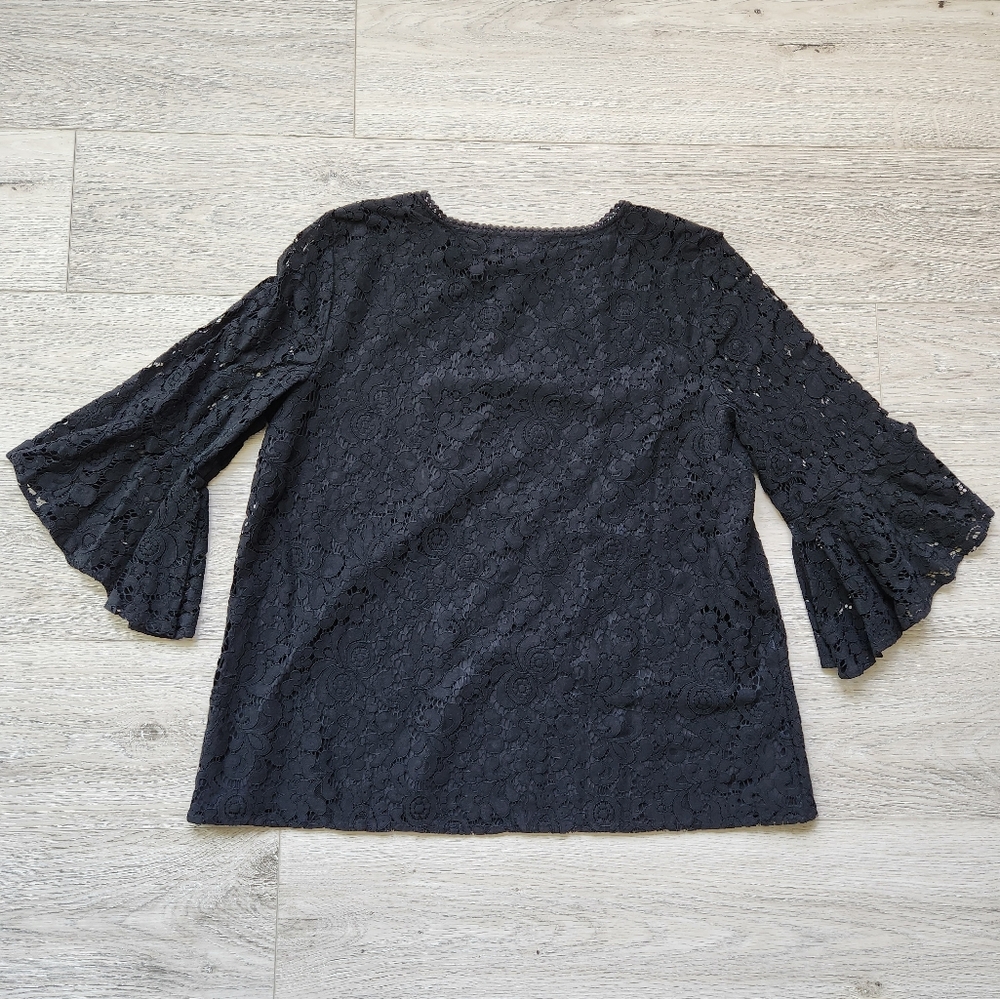 Loft Outlet Black Lace Top Womens Large Flare Sleeve V Neck Dressy Business - Picture 9 of 11